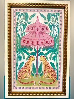 NEW SAPNA SHAH Cheetahs Umbrella Wall Art 12"X18" Off White Frame Pastels Glass